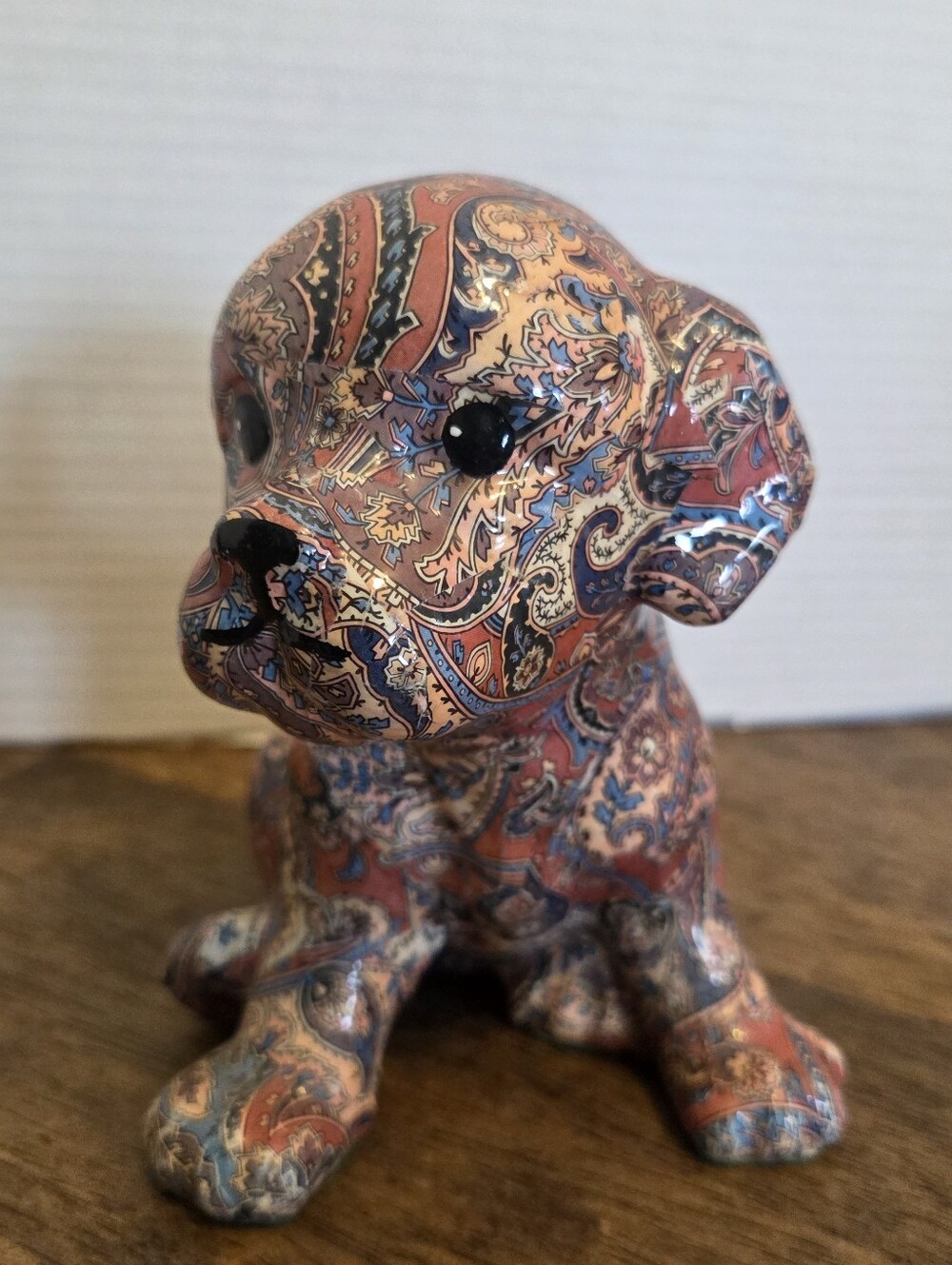 Paper Machè Paisley Pattern Decoratove Dog Puppy Figurine - Red/Blue Accent
